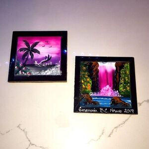 Hand Painted Colorful Coaster Set Of 2 Pink Purple Black